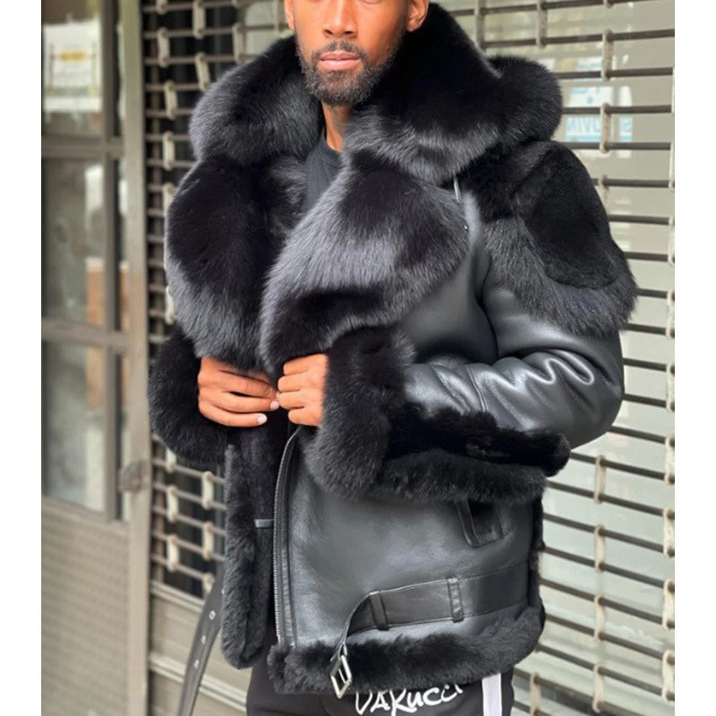 Faux fur coat snow hunting ethnic men's fur coat thick fluffy tie hat design winter PU coat