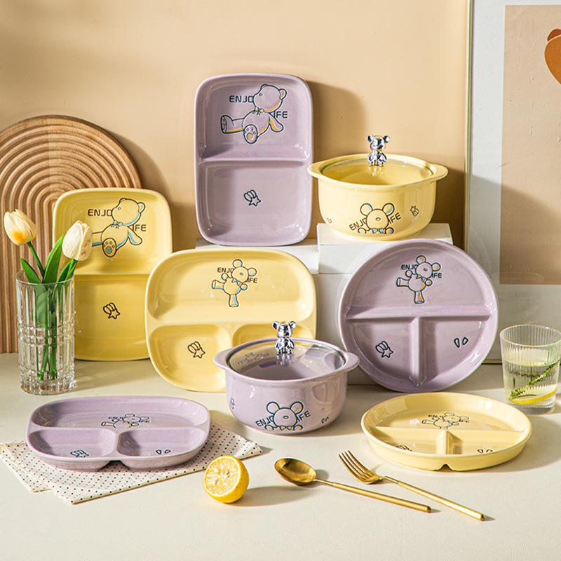 Japanese-style underglaze cute creative high-looking cartoon grid plate three-grid disc rectangular plate household ceramic tableware