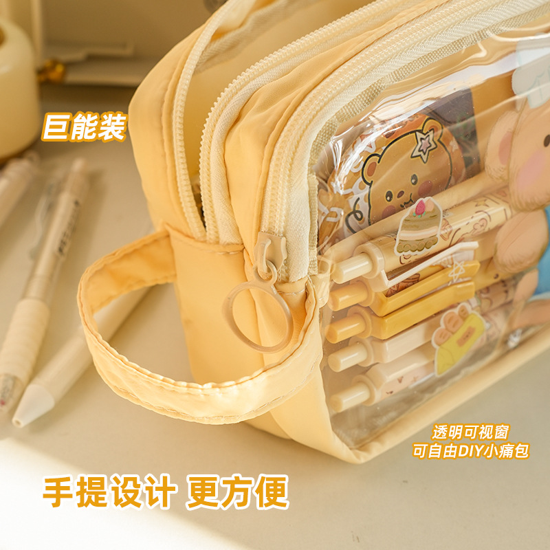 Bolsa de lápiz transparente para estudiantes de primaria, caja de papelería de alta capacidad, nueva caja de lápiz multicapa, linda bolsa de papelería para niñas