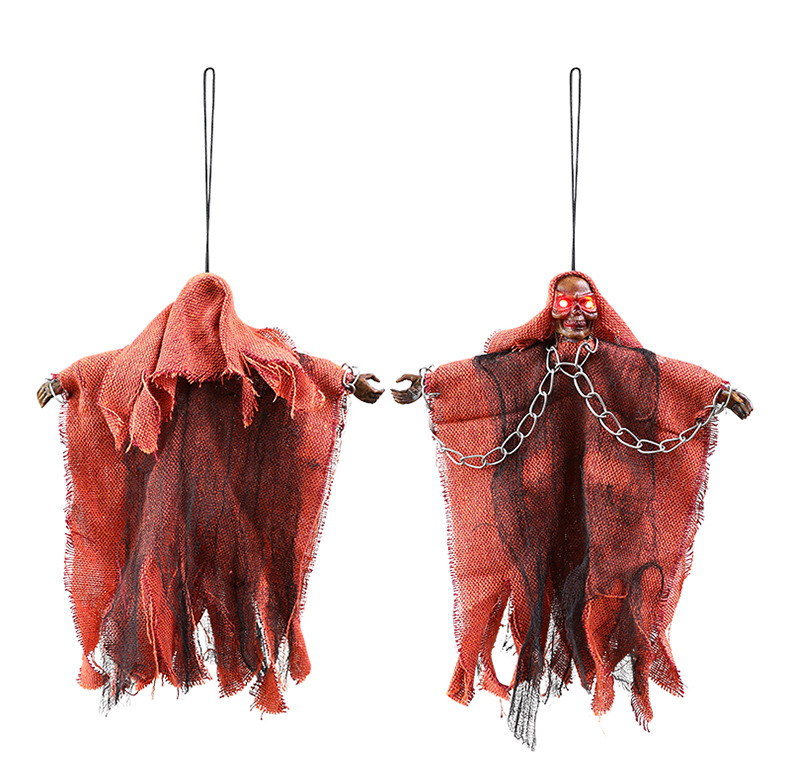 Scary Halloween Hanging Ghost With Chains – Glowing Electronic Laughing Skeleton, Red/Yellow/Black Cloak For Haunted House Party Decor_voghion.com