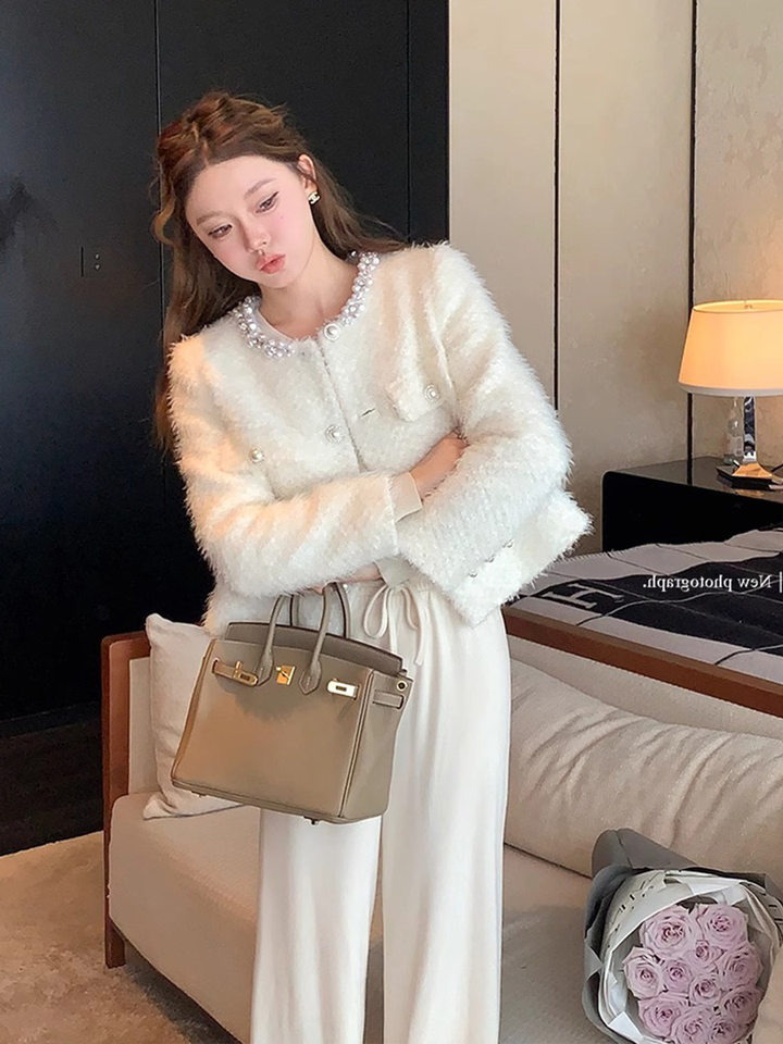 Áo khoác nữ dáng cardigan dày cổ tròn viền ngọc trai phong cách thanh lịch — Kiểu dáng thông thường màu trắng ngọc trai, Kiểu chần bông màu trắng ngọc trai chi tiết 6