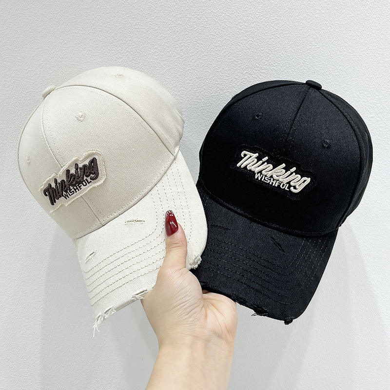 Korean style embroidered Thinking spring and summer hard top ripped baseball cap Women's new face-looking small peaked cap men's fashion