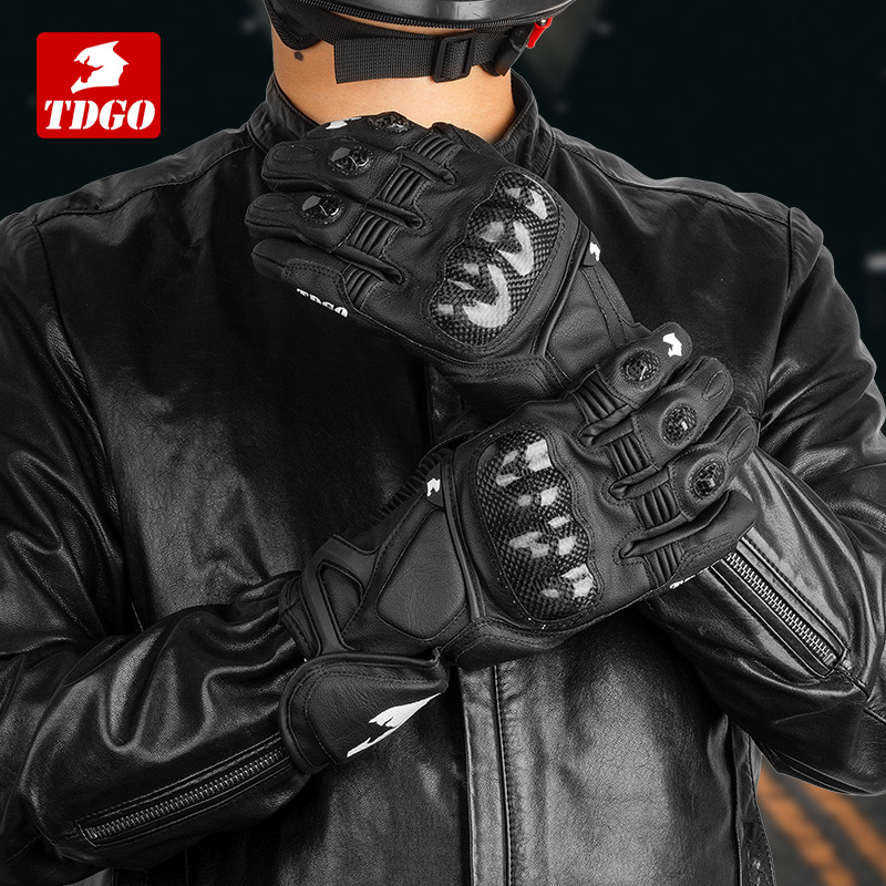 Motorcycle Riding Gloves Men's Winter Velvet Warm Waterproof Anti-Fall Carbon Fiber Leather Rider Motorcycle Gloves
