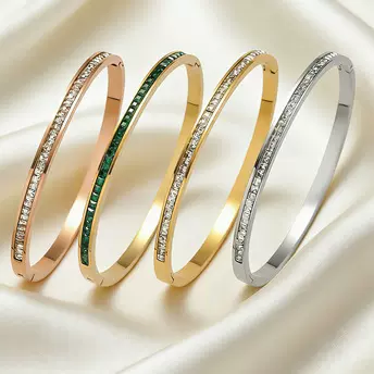 法式不锈钢手镯新款甜美小清新手饰不掉色窄版半圈满钻卡扣手镯女