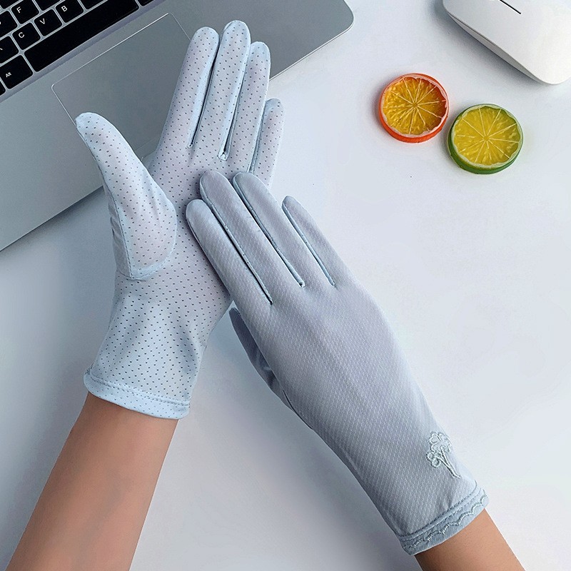 Guantes de protección solar de las mujeres fina protección UV seda de hielo alta elástica verano al aire libre equitación arco guantes de pantalla táctil