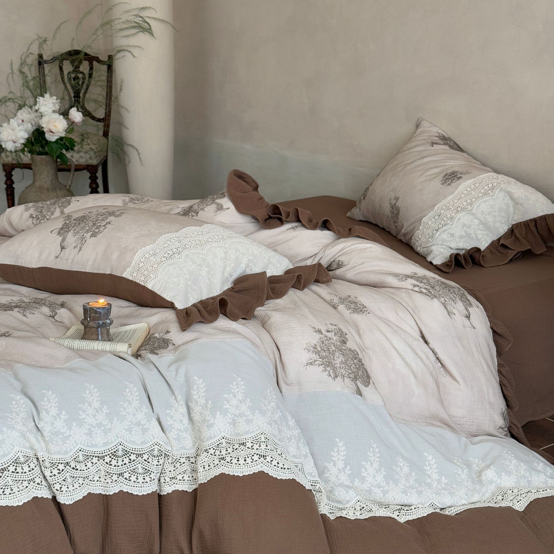 Conjunto de capa de edredão vintage boho francês em algodão e renda_voghion.com