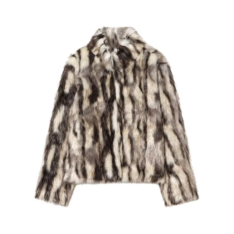 Cross-Border Export Women's Clothing 2025 Autumn and Winter European and American Stand-Up Collar Long-Sleeved Printed Artificial Fur Fashion Casual Jacket