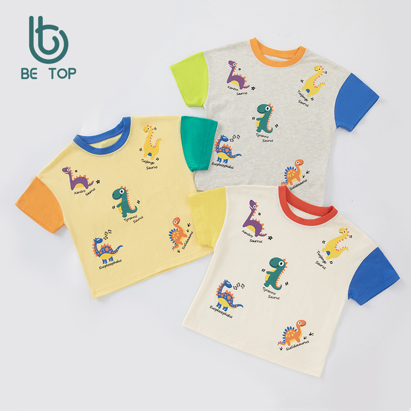 Betop ropa infantil transfronteriza 2025 verano nuevos niños coreanos camiseta de manga corta dinosaurio manga raglán superior al por mayor