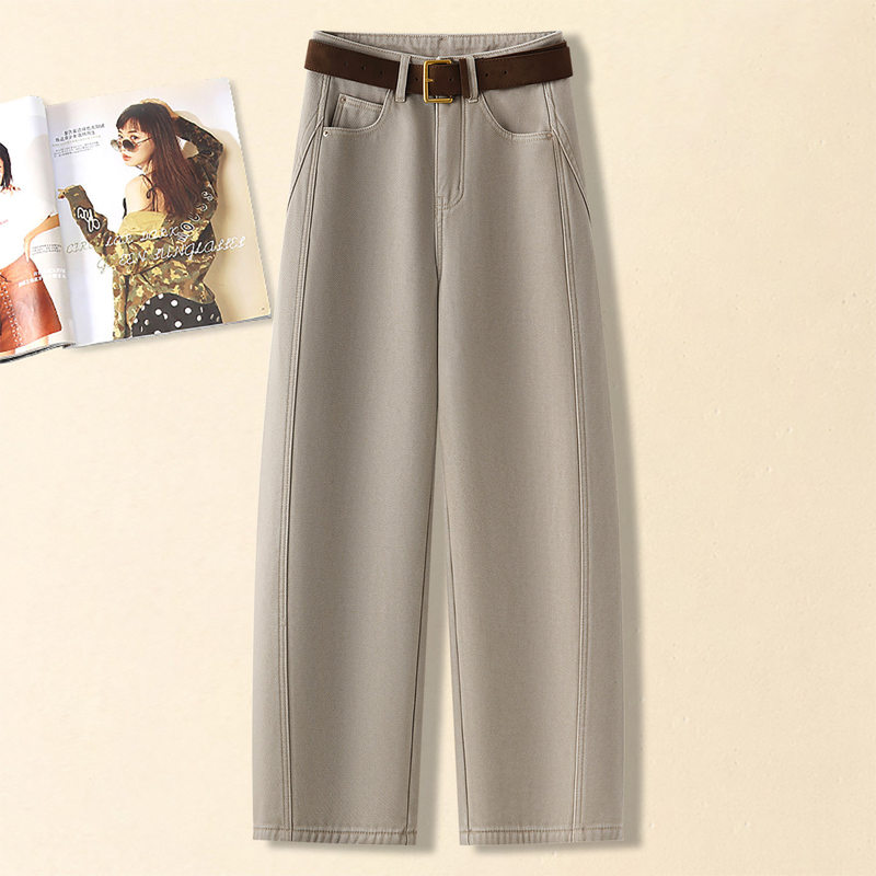 Khaki denim curved-leg pants for women, autumn 2026 new style, high-waisted, slimming, loose casual pants, petite wide-leg pants