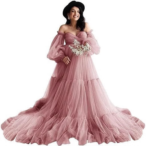 2025 cross-border foreign trade hot new pregnant women mesh dress photo dress deep V lantern sleeve gauze dress party dress