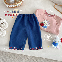 女童刺绣牛仔裤2025新款冬季宝宝加绒小兔休闲裤儿童超萌加厚裤子