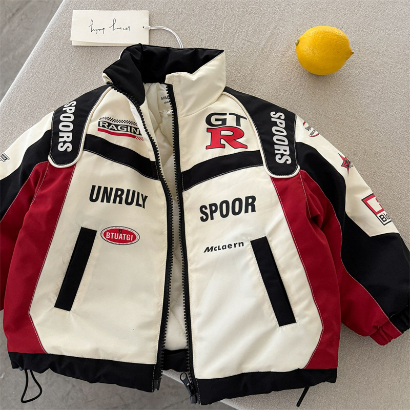 儿童外套2025眯眯眼冬季新品男女童个性印花棉衣宝宝撞色立领外套