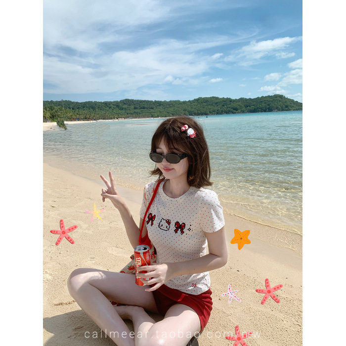 上質コットン【ミルクニャーボボ】オフショルダー水玉半袖Tシャツ レディース 夏 キティ刺繍トップス|undefined