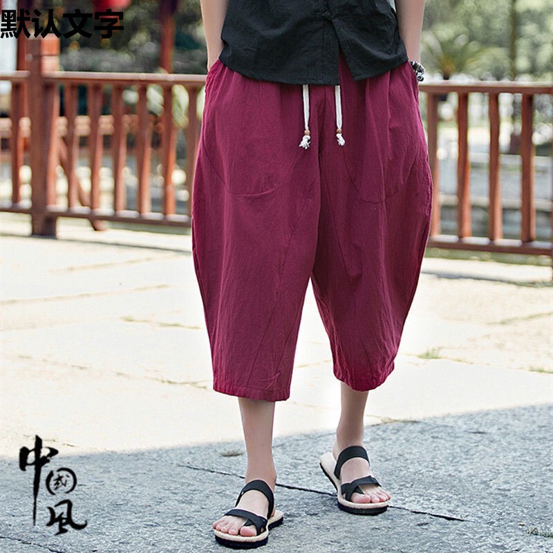 Loose plus size Cotton Linen 7 Capri Pants Trendy Chinese Style Men's Big Pants Pants Fat Man Wide Leg Linen Casual Shorts Summer
