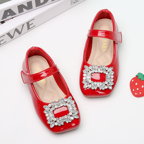 Korean style metal square buckle girls princess shoes rhinestone shallow mouth single shoes Velcro children's leather shoes spring children's shoes