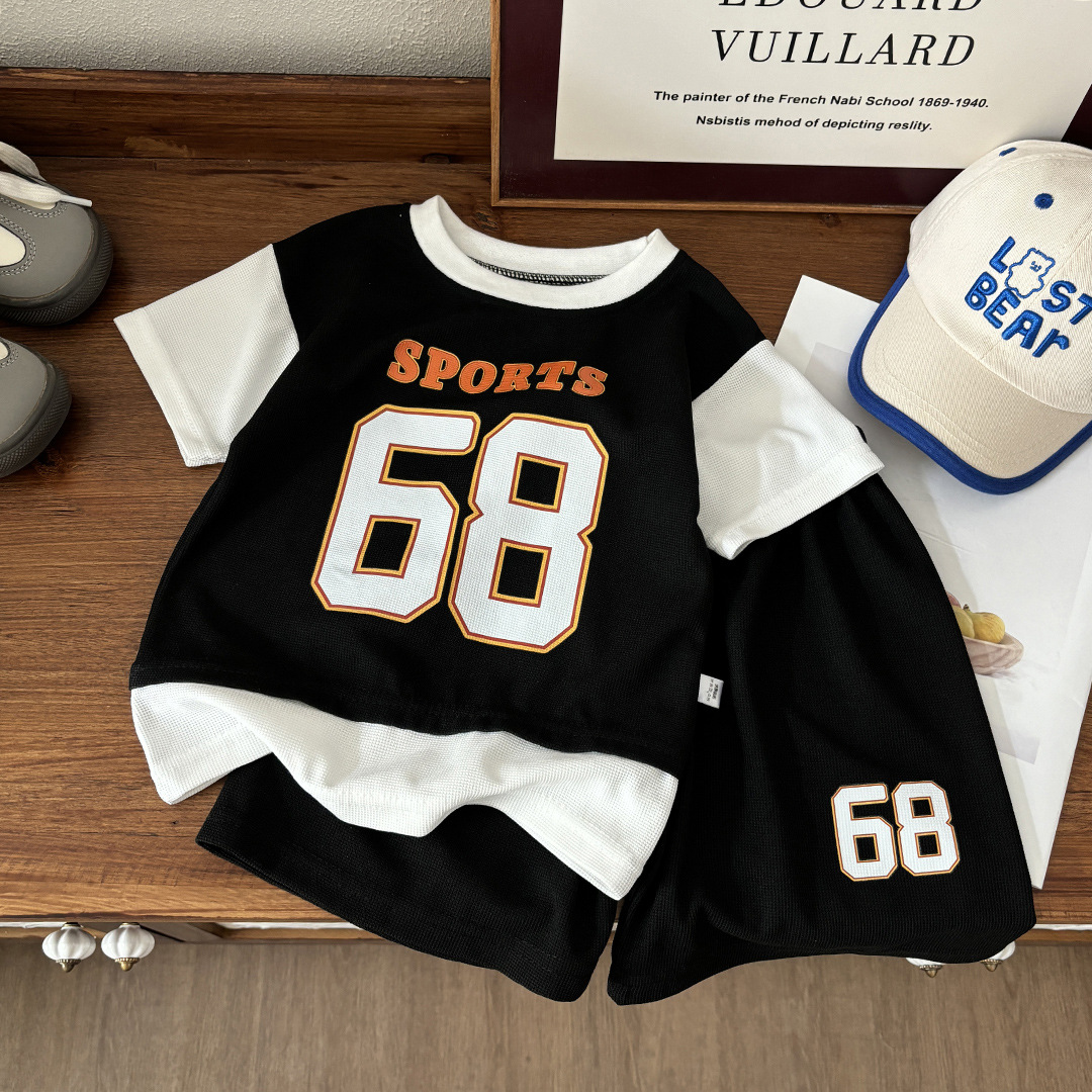 夏季儿童短袖短裤套装男童休闲外出运动套装男孩宽松球衣假两件套