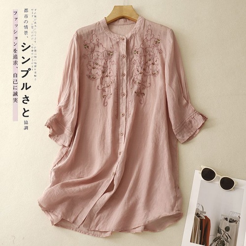 Embroidery Shirt Women's Summer New Fashion Medium Length Loose Seven-Sleeve New Chinese Top 