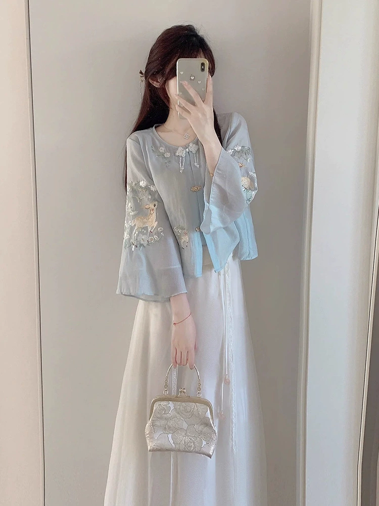 Hanfu set for adults, Chinese style - blue skirt design, sizes S–XL (waist 85–130 cm)