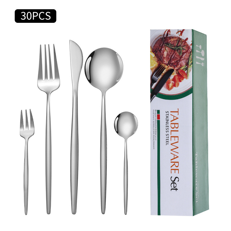 Cruz-Frontera de acero inoxidable vajilla portugués cuchillo y tenedor conjunto de 30 piezas de comida occidental cuchillo de filete de oro y cuchara de la caja de regalo