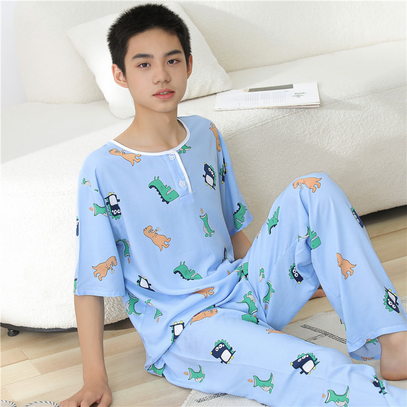 Men's Big Children's Pajamas Summer Teenagers Cotton Silk Short-sleeved Suit Summer Loose Thin Home Clothes Men's Artificial Cotton