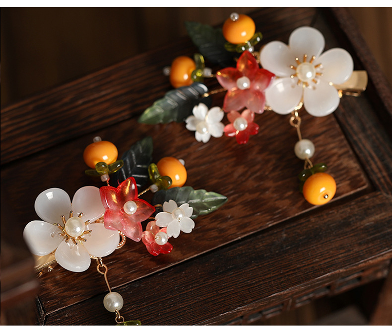 Persimmonförmige Haarspangen, 2 Stück, chinesischer Stil, Mädchen-Haarnadel für Hanfu-Dekor, Retro-Perlen-Blumen-Haarspangen, niedliche Neujahrs-Kopfbedeckung – Detail 13