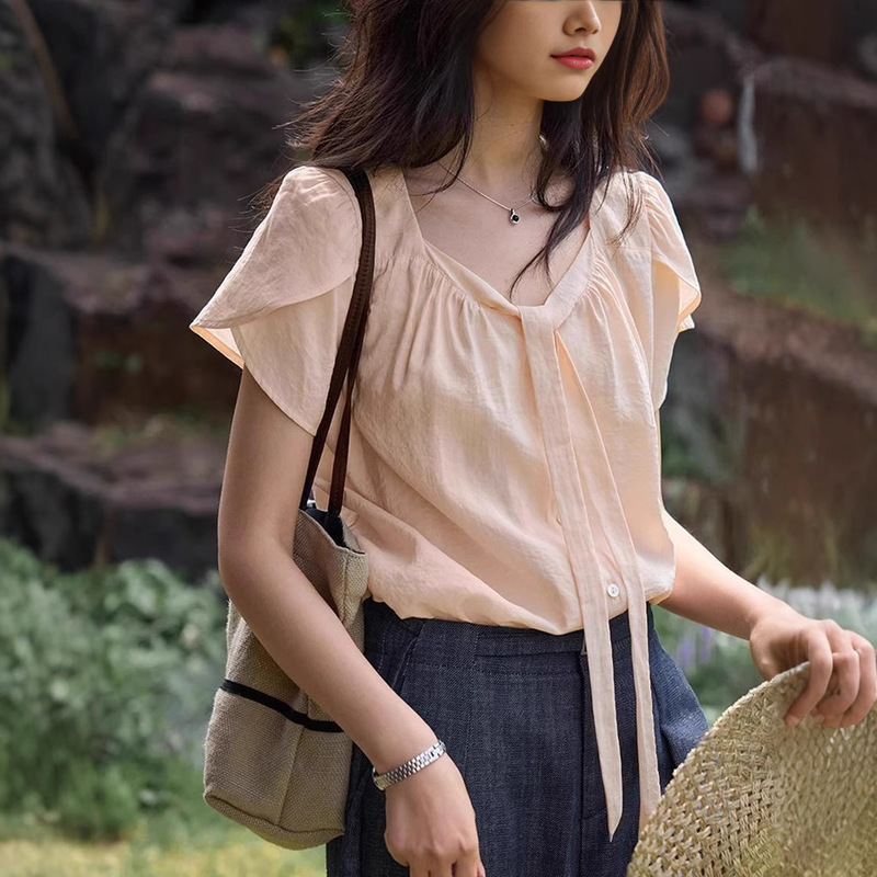 Solighte French Lyocell Ribbon Petal Sleeve Shirt Women's Short-Sleeved Summer