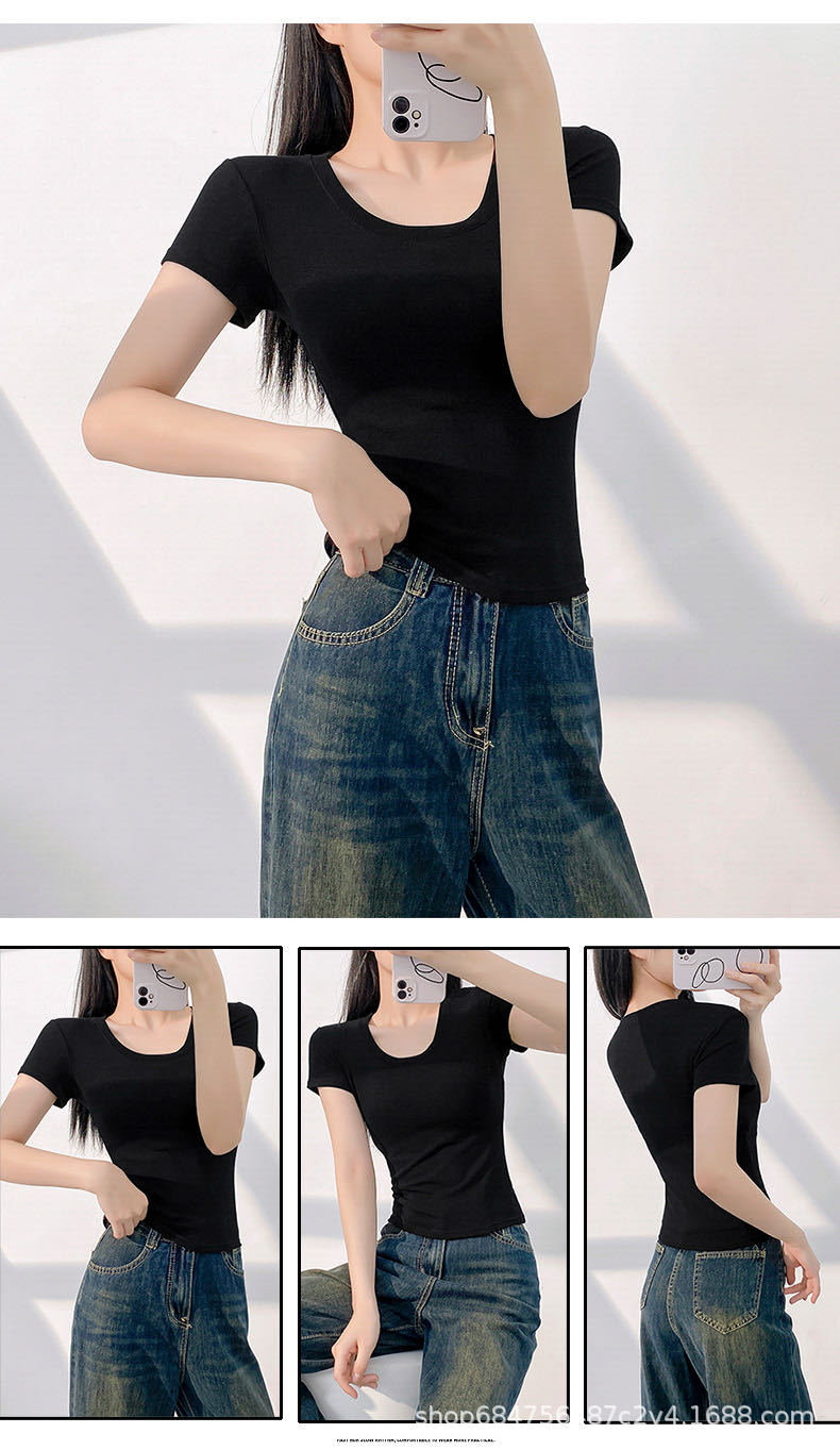 American slim-fit short-sleeved T-shirt for women, 2025 summer new style, waist-cinching round-neck T-shirt, sweet and spicy short top as the base pic 9