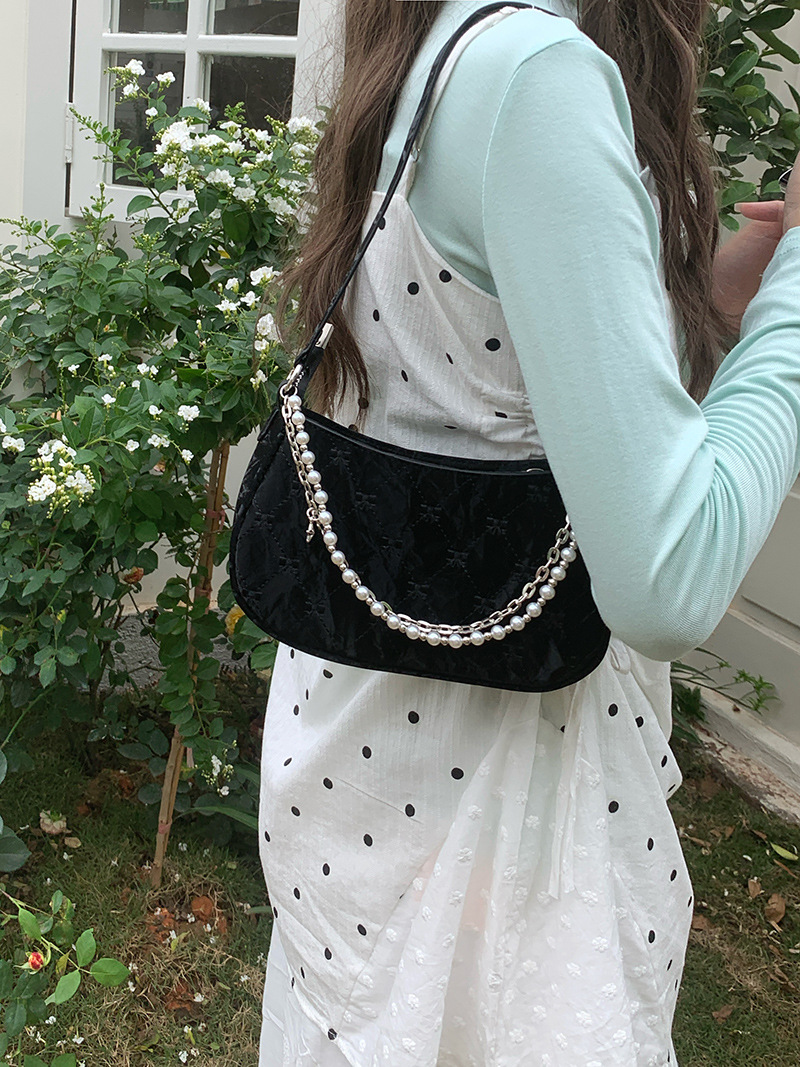 181g Weight Pearls, Sewing Thread, Chain Fashion Element Zipper Closure Type Single Shoulder Strap Strap Type Shoulder Bag Bags Type Casual, Daily, Shopping Occasion Pu Leather Material Solid Color, Bow Knot Pattern All Seasons Season Women's Gender Cute Style Square Shape Women's Pu Leather Solid Color Bow Knot Cute Pearls Sewing Thread Chain Square Zipper Shoulder Bag 14