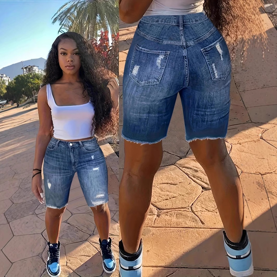 유럽과 미국 여성의 신축성 있는 슬림핏 찢어진 데님 반바지