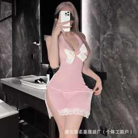 情趣内衣甜欲蝴蝶网纱挂脖连衣裙深v露沟性感透视情趣连体睡衣