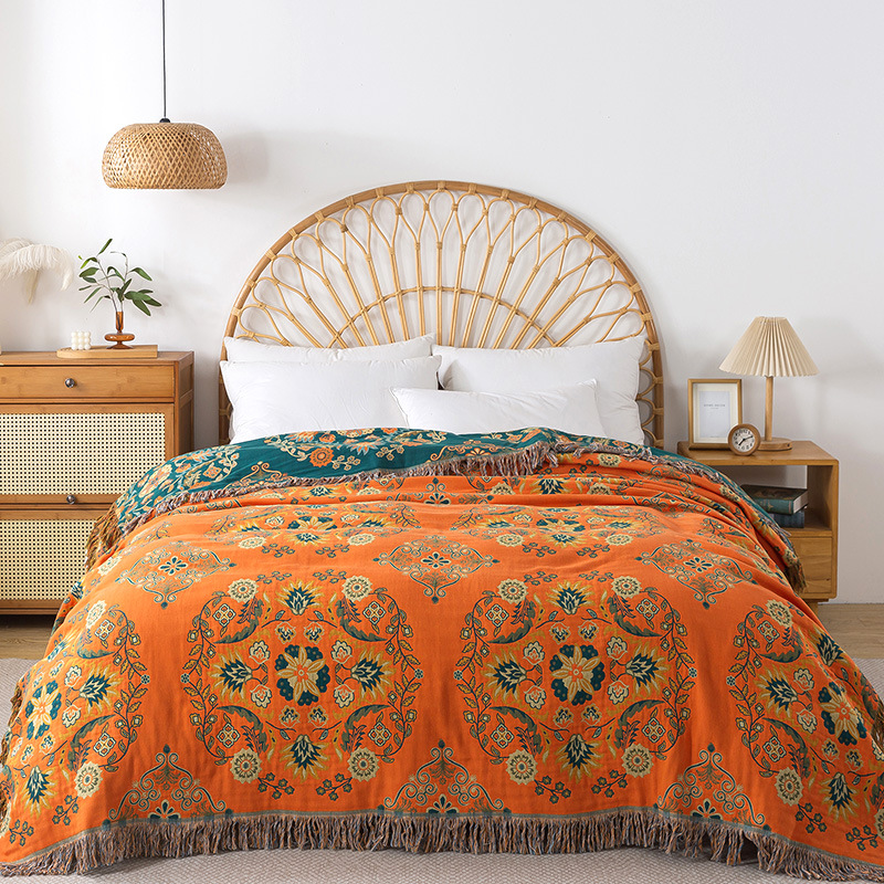 Cotton Gauze Floral Pattern Tassel Sofa Cover, Double-Sided All-Season Sofa Throw, Sofa Blanket, Cover Blanket, Towel Quilt, Summer Quilt