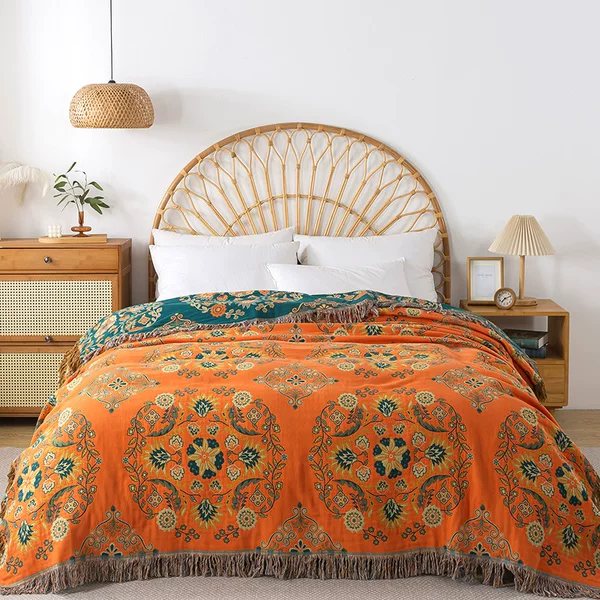 Cotton Gauze Floral Pattern Tassel Sofa Cover, Double-Sided All-Season Sofa Throw, Sofa Blanket, Cover Blanket, Towel Quilt, Summer Quilt