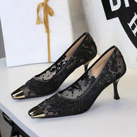 321-8 style banquet shallow mouth high heels, metal small square toe mesh women's shoes, slim heels, temperament high heels, single shoes