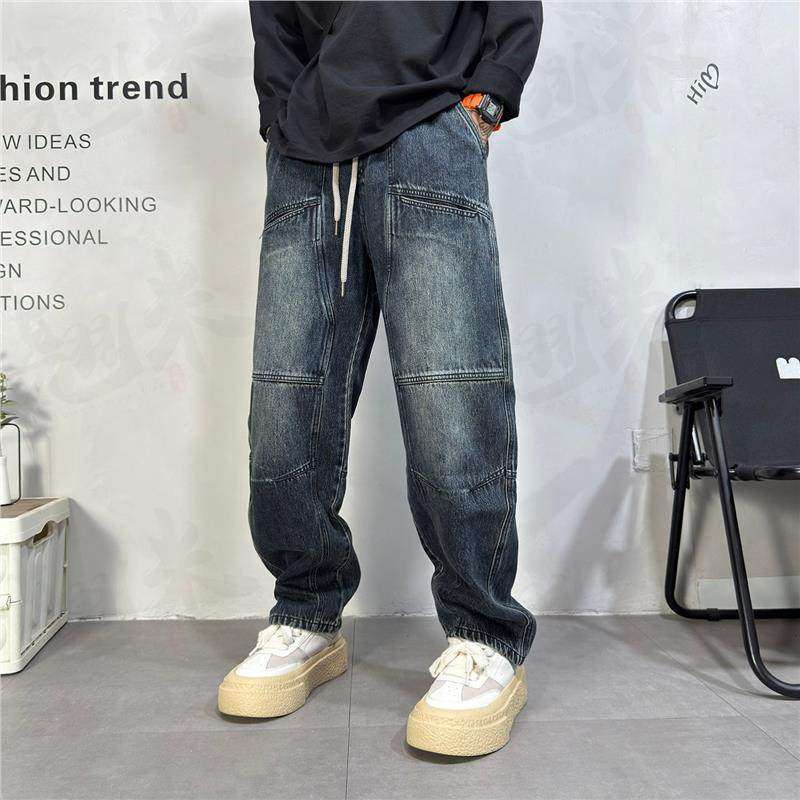 Herrenbekleidung: Lässige, lockere Jeans mit geradem, weitem Bein und Patchwork-Design, lässige Arbeitshose mit geschwungenem Bein, Frühling/Herbst_voghion.com