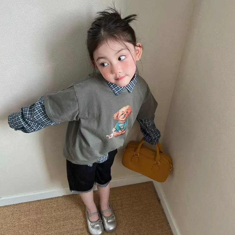 女童春2026新款卫衣真两件儿童长袖上衣大童百搭牛仔五分裤三件套