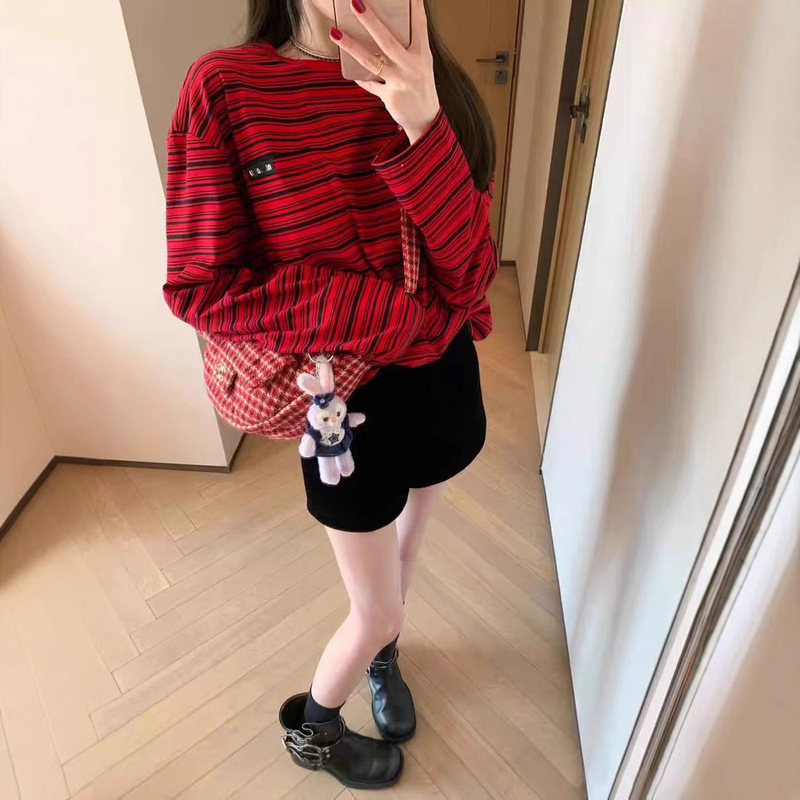 Spot 2025 Spring Miu New Year Red Letter Stripesd Round Neck Loose Casual Pullover Long-Sleeved T-Shirt Top