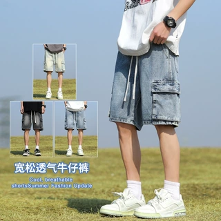 春夏新款工装牛仔裤男立体口袋松紧腰橡筋宽松直筒美式百搭五分裤