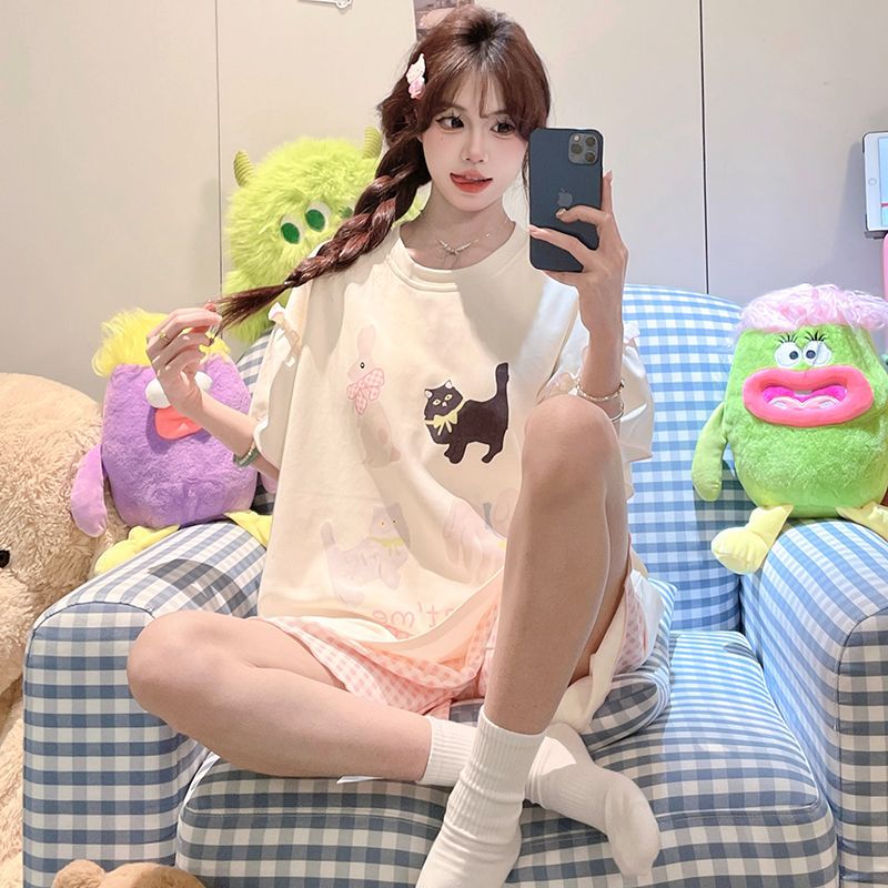 Venta al por mayor transfronteriza nuevos pijamas mujeres verano imitación algodón jersey pantalones cortos de manga corta lindo cachorro traje de servicio a domicilio de dibujos animados
