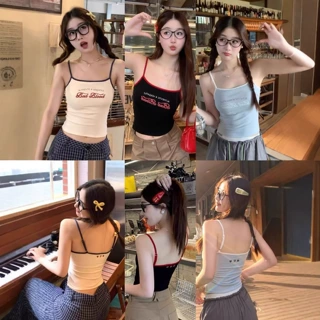美式辣妹字母印花吊带背心女带胸垫美背修身显瘦辣妹撞色内搭上衣