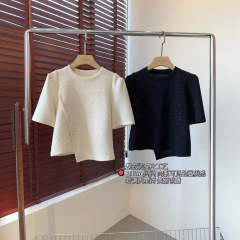 THEWOW満天星河パーマスパンコール繊細な立体筋感斜線ステッチ丸襟正肩半袖tシャツ