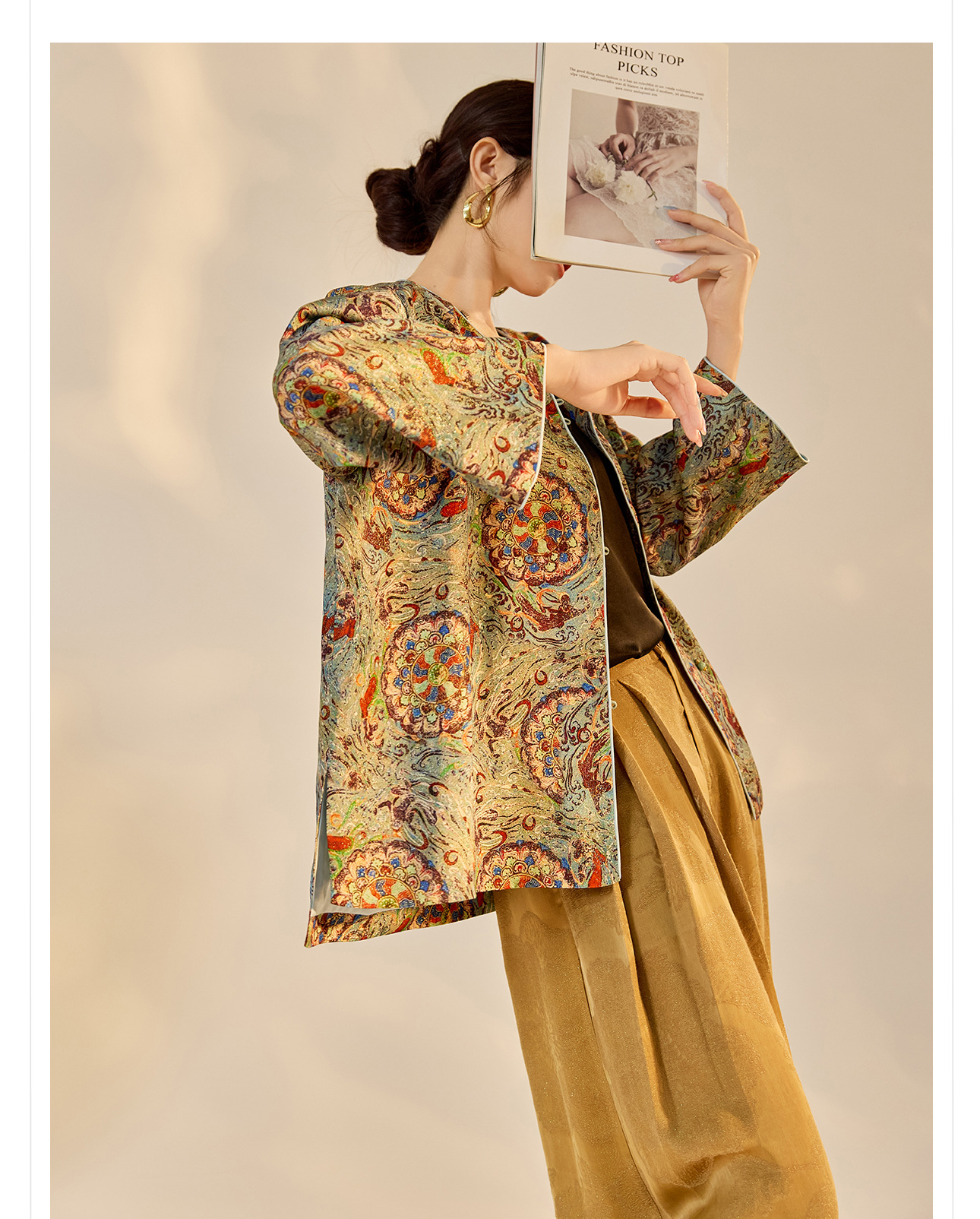 Áo khoác nữ phong cách Trung Hoa mới, cổ chéo, in thêu chỉ vàng, chất rayon cao cấp N8042 — màu xanh nhạt chi tiết 9