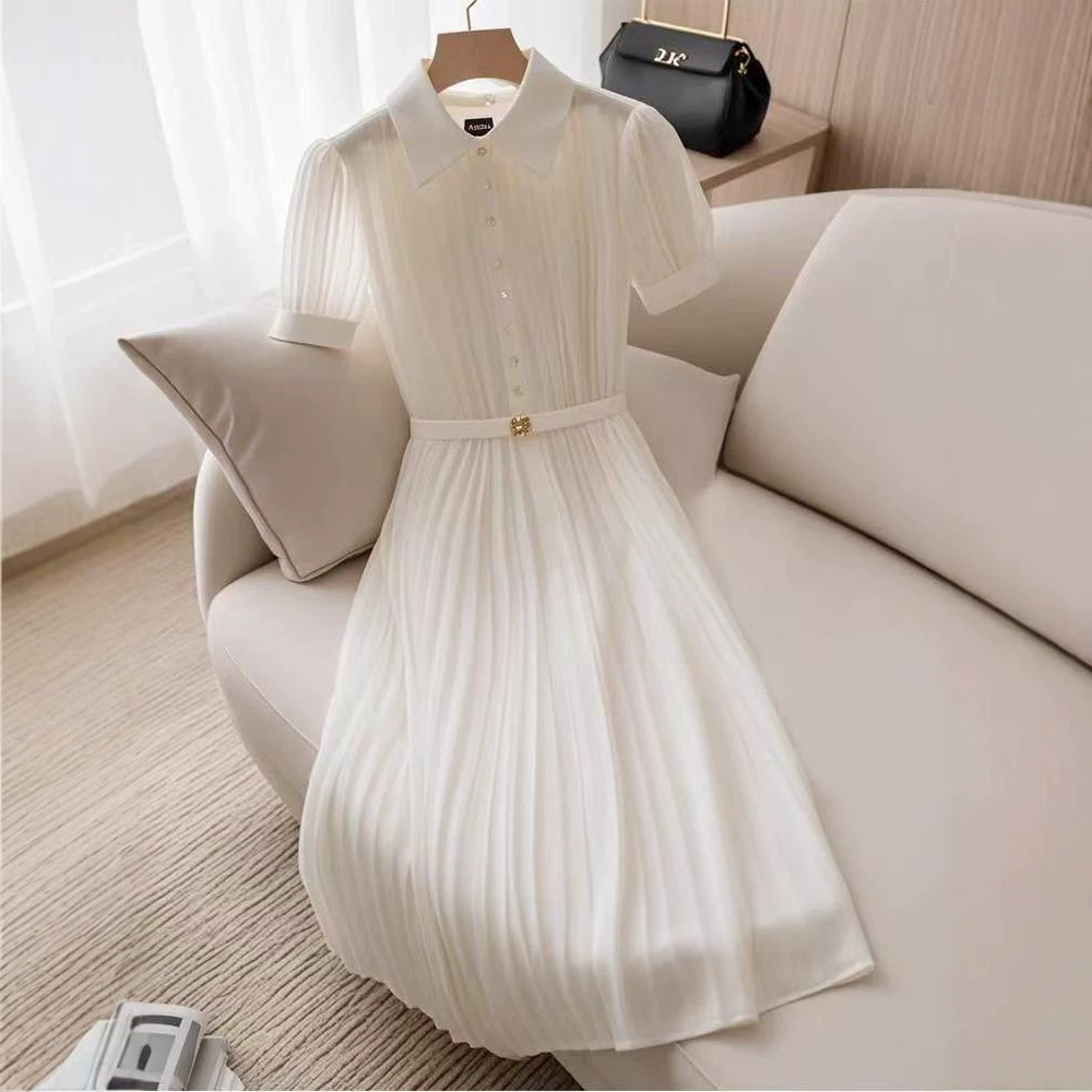 Váy liền maxi cổ chữ V, thiết kế ôm eo, dáng dài thướt tha kiểu Pháp — màu trắng chi tiết 5