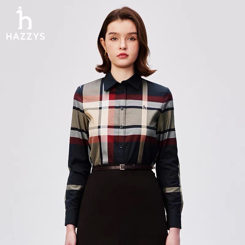 Hazzys/哈吉斯25秋季新款女士商务休闲格子元素衬衫一件代发|undefined