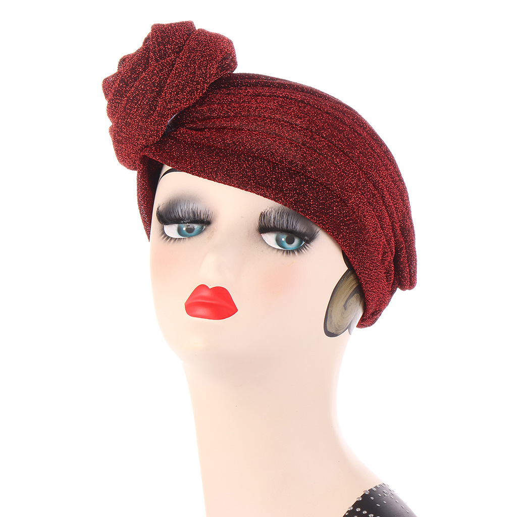 Cappello turbante musulmano cappello indiano pieghettato moda cappello indiano pullover fiore rosa in seta brillante multicolore_voghion.com