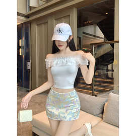 纯欲辣妹花边一字肩两穿上衣+提花低腰半身裙短裙套装女