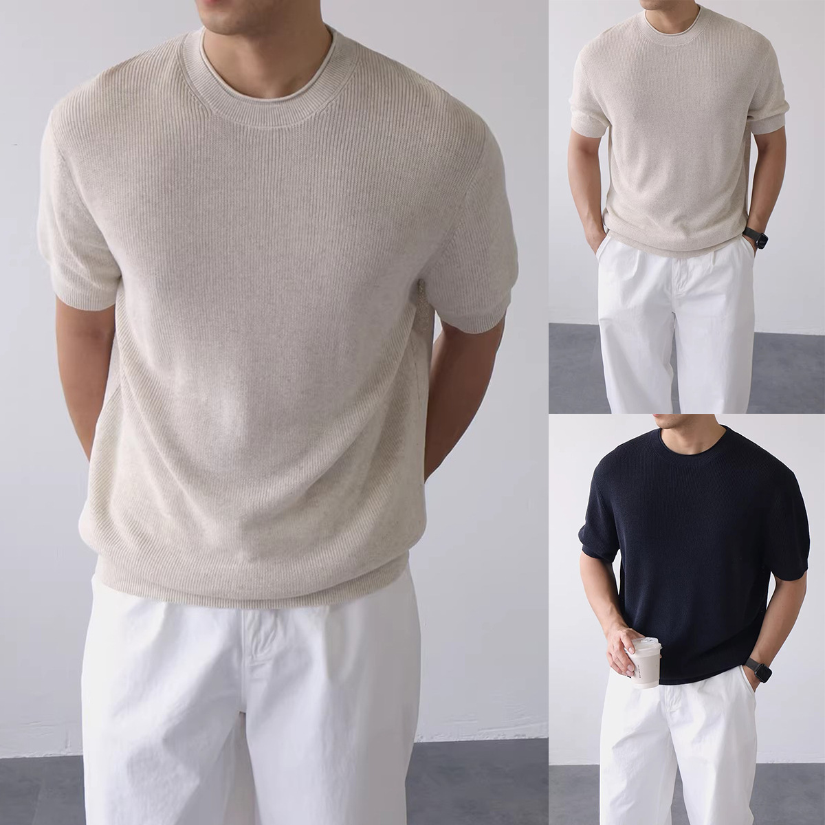 Camiseta de punto de manga corta hombre cuello redondo hueco seda de hielo transpirable verano de negocios de color sólido en el interior de verano al por mayor transpirable secado rápido
