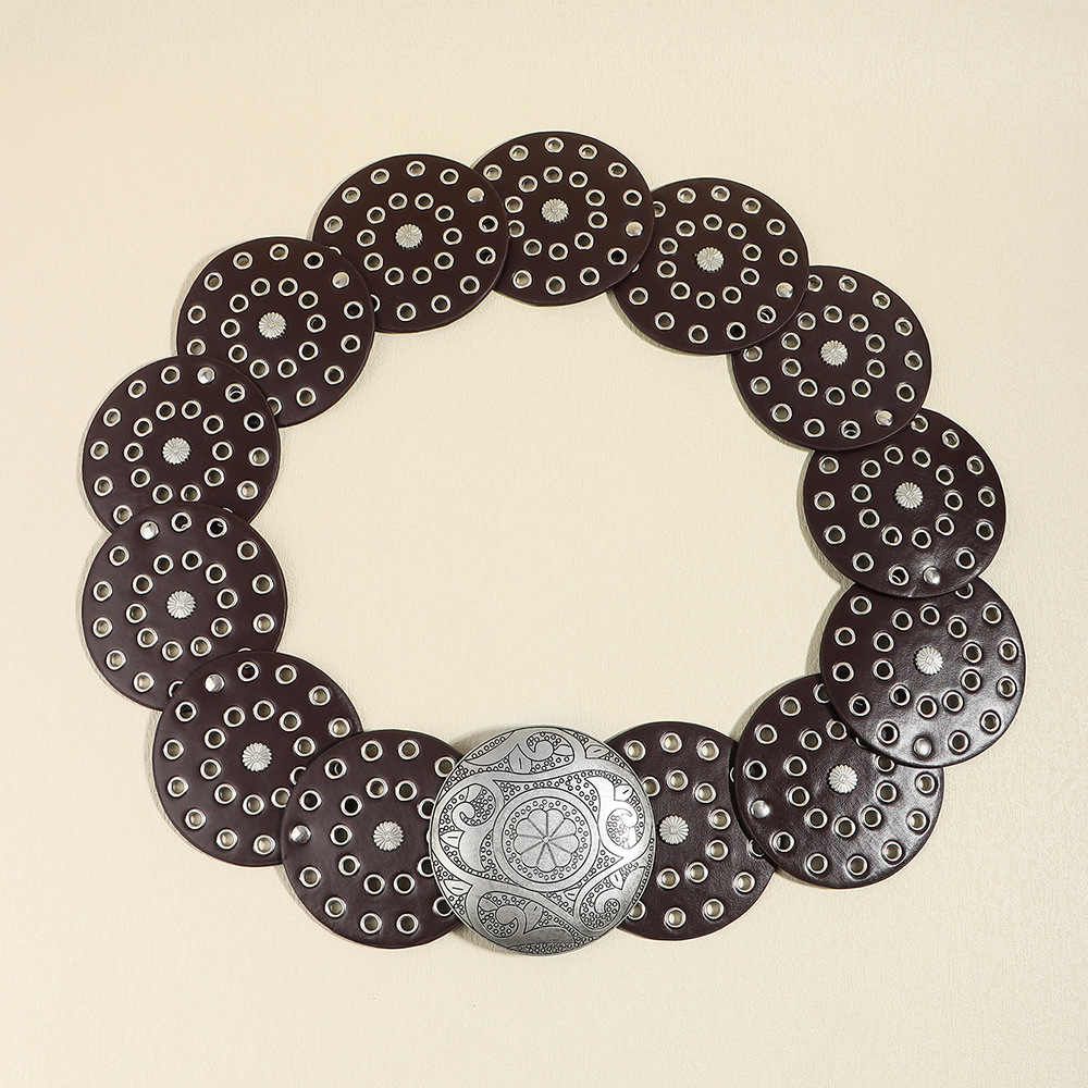 Round, Flower Pattern Women's Gender Retro Style Basic Retro Exaggerated Round Cattle Belt Pu Leather Alloy Metal Women's Leather Belts