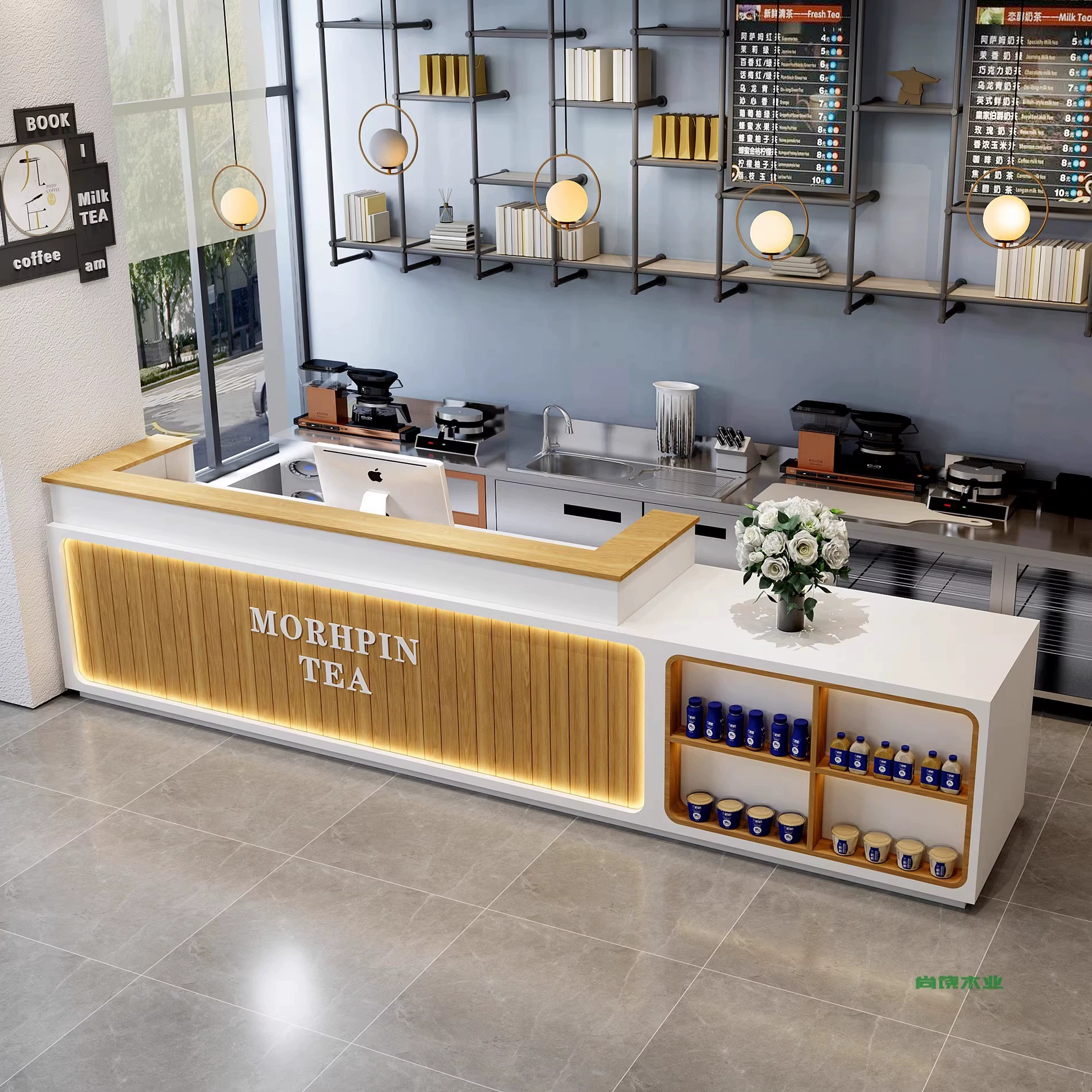 Простой кафе, магазин чая с молоком, бар, стойка регистрации компании, магазин одежды с запеченными фруктами, кассир, стойка регистрации салона красоты