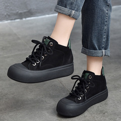 2024春季新款真皮短靴厚底系帶百搭大圓頭低筒靴復古軟皮中跟女鞋