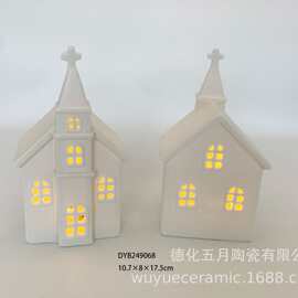 跨境热销白色镂空房子陶瓷发光灯家居床头小夜灯摆件圣诞节装饰品